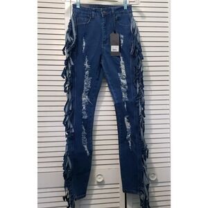 Purple Candy Fringe Jeans Womens Juniors Size Small Heavy‎ Distressed Blue Denim